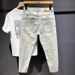 Spring Collection Light Korean Style Slim Fit Cropped Jeans For Short Men Trendy Printed 9/10 Denim Jeans Mid Waist Wide Leg Pants_mkmklike.com