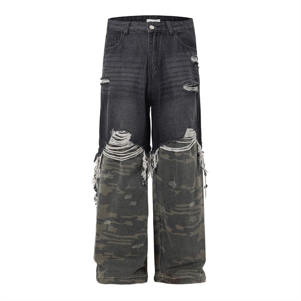 Two-Piece Jeans With Unique Niche Design, Patchwork Camouflage, Frayed Edges, Distressed Loose Straight-Leg Pants_mkmklike.com