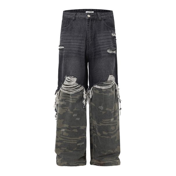 Two-Piece Jeans With Unique Niche Design, Patchwork Camouflage, Frayed Edges, Distressed Loose Straight-Leg Pants_mkmklike.com