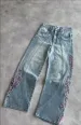 Men Women Cherry Blossom Knight All Embroidery Denim Pants Y2k Vintage Baggy Street Straight Jeans High Waisted Washed_mkmklike.com