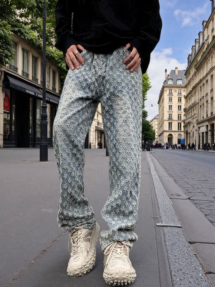 Men's Clothing Streetwear Jeans – Washed Blue Straight-Leg Checkerboard Print Pants (76% Cotton, High-Fashion Hip-Hop Style, Distressed Detailing)_mkmklike.com