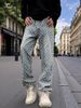 Men's Clothing Streetwear Jeans – Washed Blue Straight-Leg Checkerboard Print Pants (76% Cotton, High-Fashion Hip-Hop Style, Distressed Detailing)_mkmklike.com