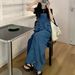 Age Reducing Slimming Suspender Denim For Women, Spring/Summer New Style Loose And Tall Long Skirt Blue Dress_mkmklike.com