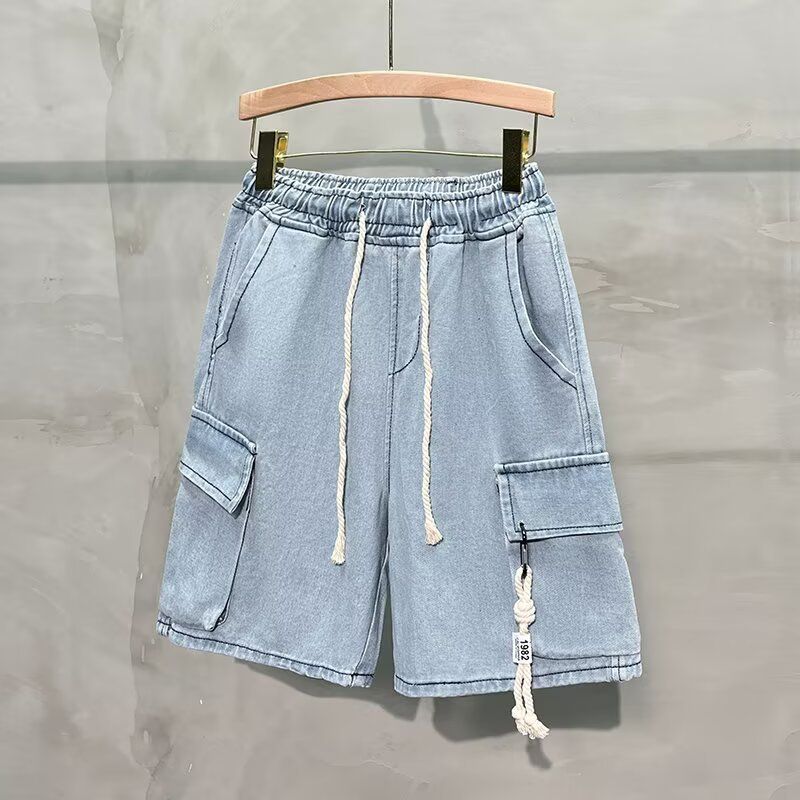 Men's Large Pocket Cargo Denim Shorts High Street Drawstring Riding Pants Loose Five Point Trendy Summer Casual_mkmklike.com