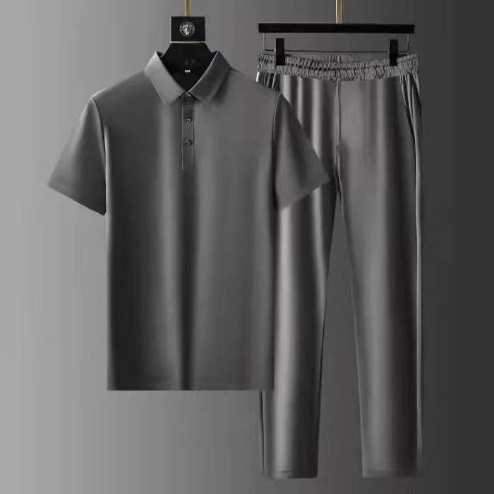2 Pcs/Set Mens Sets Short Sleeve Seamless Casual Straight Loose Summer Wide Leg Top Trousers Set Men Track Suit_mkmklike.com