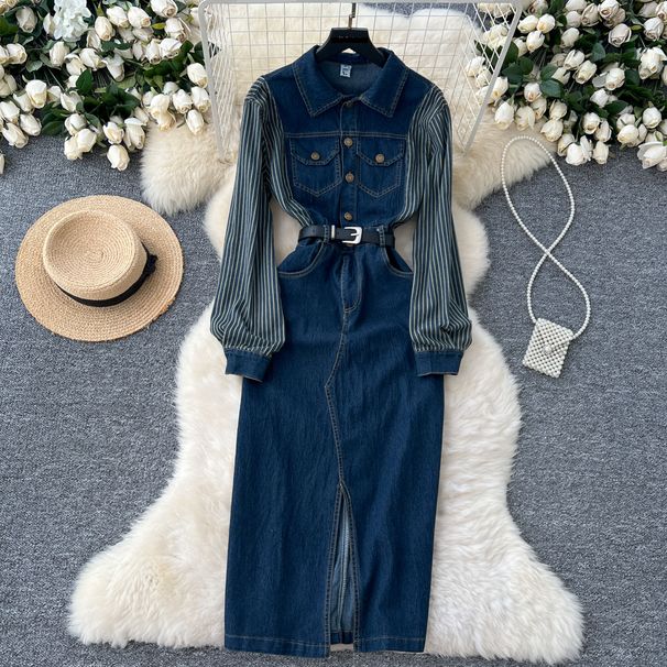 Women's Clothing Niche Long Sleeved Striped Stitching Lapel Metal Button Waist Slim Fit Slit Denim Dress For Women_mkmklike.com