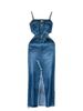 Women's Clothing Hong Kong style retro denim skirt design raw edge slit slim fit medium and long suspender dress for women spring and autumn_mkmklike.com