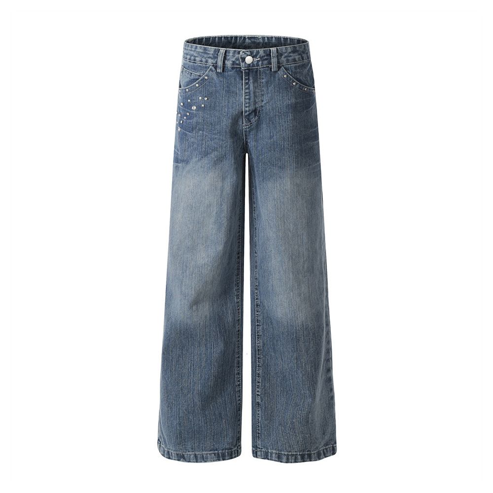 Washed Denim Long Loose Wide-Leg Hippie Rock Rivet Decorated Pocket Design Straight-Leg Pants Men's Street Fashion_mkmklike.com