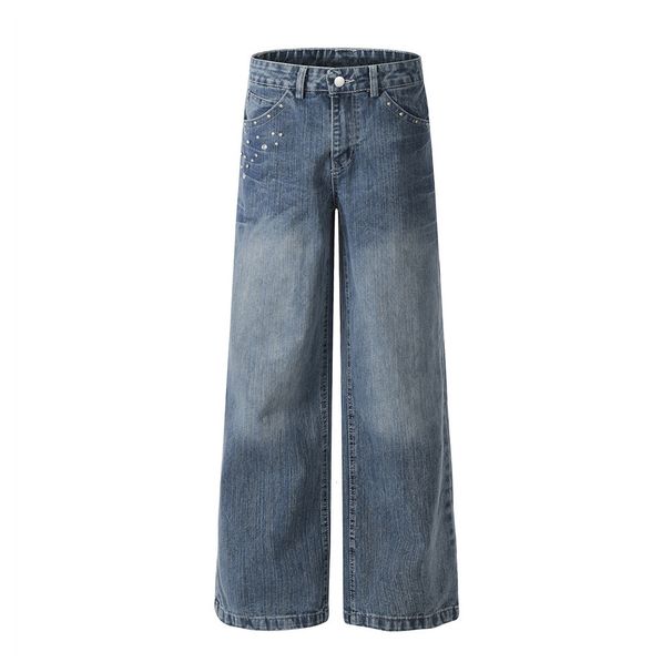 Washed Denim Long Loose Wide-Leg Hippie Rock Rivet Decorated Pocket Design Straight-Leg Pants Men's Street Fashion_mkmklike.com