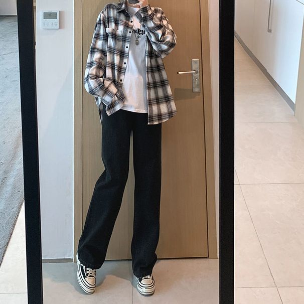 Women's High-Waisted Straight-Leg Jeans - Stretch-Free Cotton Wide-Leg Trousers For Spring & Fall (Black Grey/Blue/White, S-2XL)_mkmklike.com