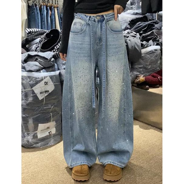 Women's Clothing Plus Size Rhinestone Denim Jeans Loose Slimming Wide Leg Floor Length Pants Retro Design For Women Sexy Autumn Winter_mkmklike.com