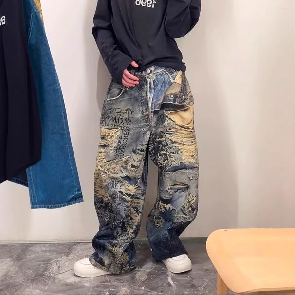 High Street Distressed Vintage Graffiti Jeans - 3D Printed Streetwear Wide Leg Pants For Women | Summer Fashion | Comfortable Cotton Denim | S-XXXL_mkmklike.com