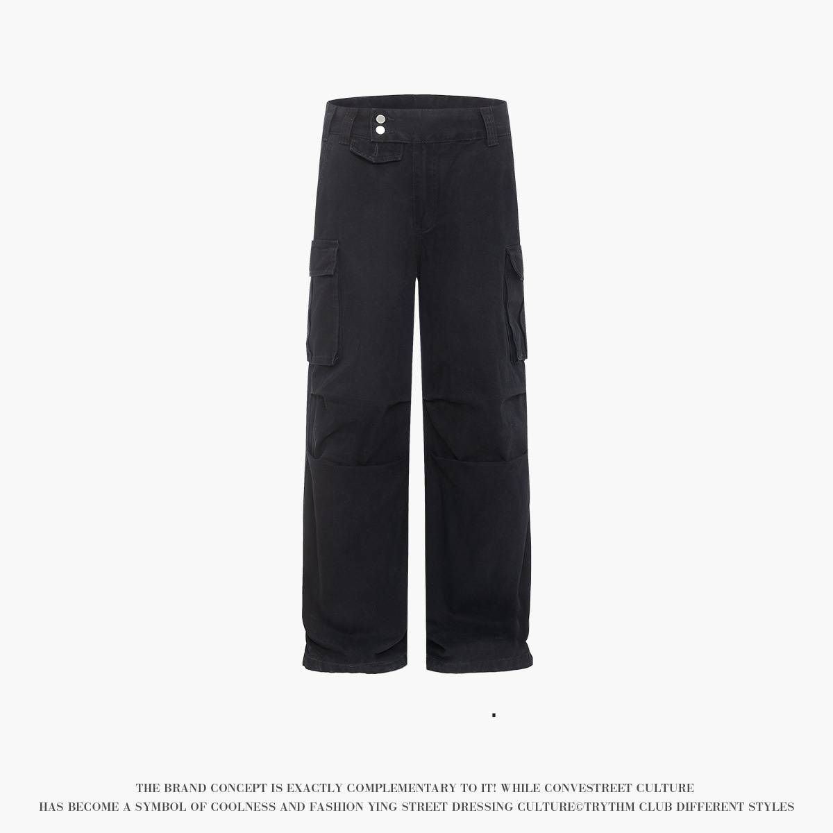 Men's Clothing Pleated Tailored Work Trousers Unisex Straight High Street Multi Pocket Casual Pure Black Trendy Trousers_mkmklike.com