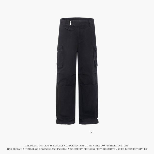 Men's Clothing Pleated Tailored Work Trousers Unisex Straight High Street Multi Pocket Casual Pure Black Trendy Trousers_mkmklike.com
