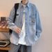 Vintage Distressed Printed Denim For Men, Autumn Export Loose Letter Turn-Down Collar Long Sleeve Top, Trendy Casual_mkmklike.com