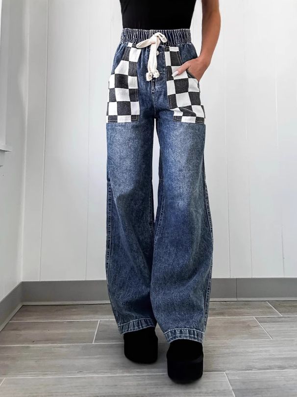Women's Clothing New Products Fashion Casual Loose Plaid Contrast Color Women's Denim Trousers_mkmklike.com