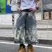 Hip Hop Retro Lightning Pattern Denim Shorts – Unisex Loose Wide Leg Capri Pants, Streetwear Export Style_mkmklike.com