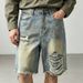 Men's Distressed Denim Shorts, Vintage Washed Light Blue Casual Relaxed Fit 5-Pocket Cargo Shorts For Summer Street Style_mkmklike.com