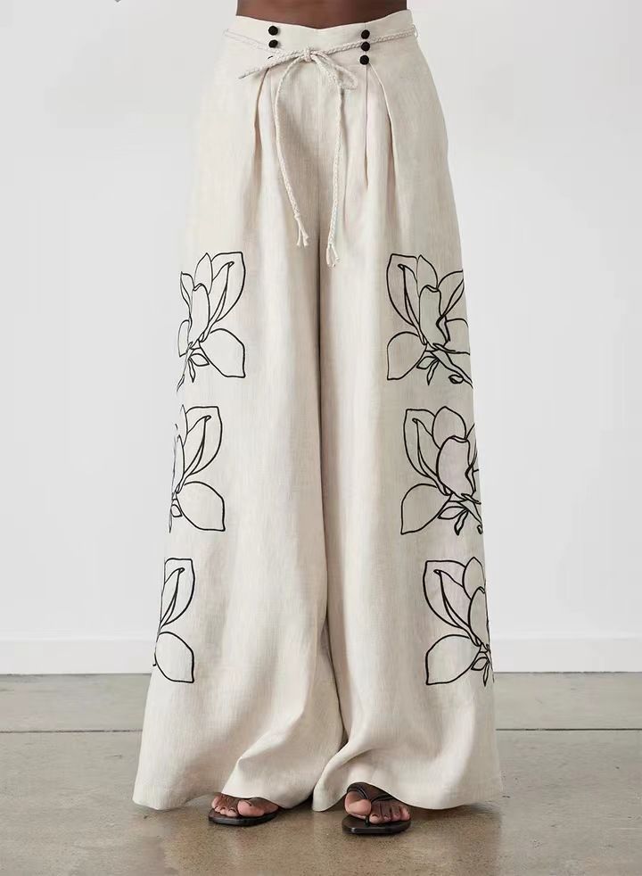 Women's Clothing Fashion Cotton and Linen Printed Wide Leg Pants Set 2024 Spring and Summer New Products_mkmklike.com