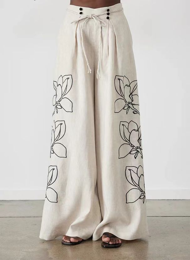 Women's Clothing Fashion Cotton and Linen Printed Wide Leg Pants Set 2024 Spring and Summer New Products_mkmklike.com