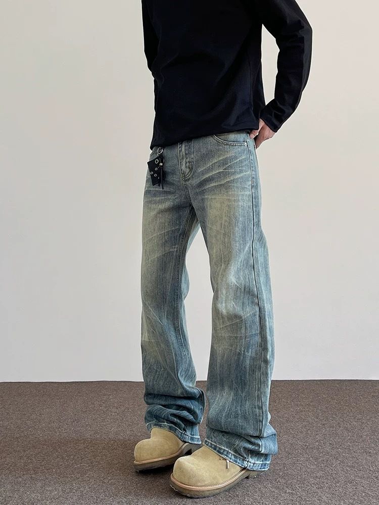 Men's Trendy Cleanfit Street Style Whiskered Bamboo Texture Distressed Jeans Straight Leg Slightly Flared Vibe Pants American High Street_mkmklike.com