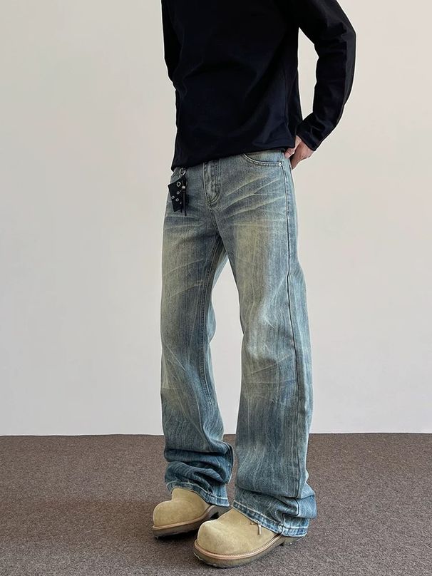 Men's Trendy Cleanfit Street Style Whiskered Bamboo Texture Distressed Jeans Straight Leg Slightly Flared Vibe Pants American High Street_mkmklike.com
