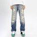 Men's American High Street Style Washed Distressed Patched Jeans Loose Straight Leg Flared Trousers Casual Trendy Midweight Cotton_mkmklike.com