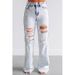 "Women's Distressed High-Waisted Flared Jeans – Vintage Washed Stretch Denim, Wide-Leg Loose Fit With Ripped Details, Comfortable Trousers"_mkmklike.com