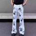 Men's Clothing White Unisex Hip Hop Unisex White Hip-Hop Denim Pants With Print Design - Straight & Flared Leg - Casual Streetwear For Men & Women_mkmklike.com