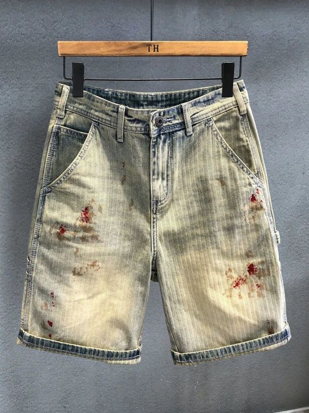 Men's Summer Denim Shorts Retro Style With Large Hole Elastic Loose Slim Straight Patch Detailing_mkmklike.com