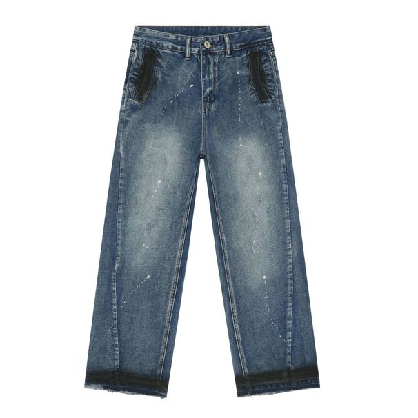 Men's Distressed Washed Wide-Leg Jeans With Hand-Painted Details | Loose Fit Straight Denim Pants For Streetwear & Casual Style_mkmklike.com