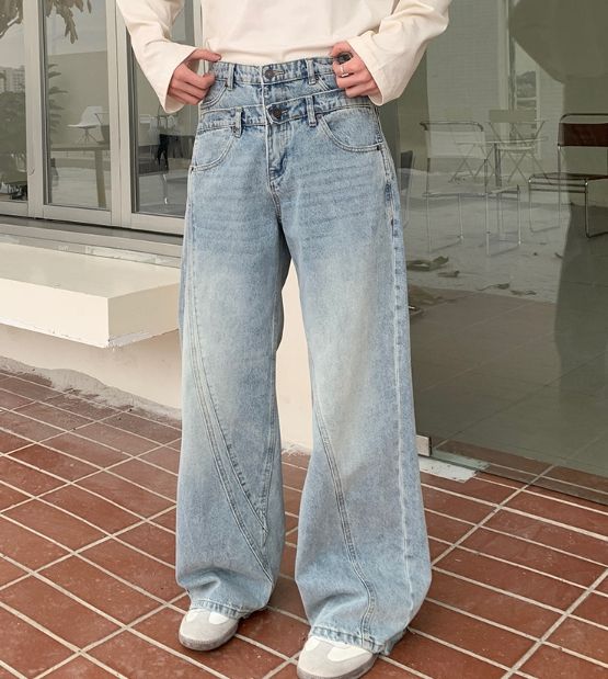 Men's Clothing Personality Double Waist Washed Jeans Men's Loose Versatile High Street Casual Trousers_mkmklike.com