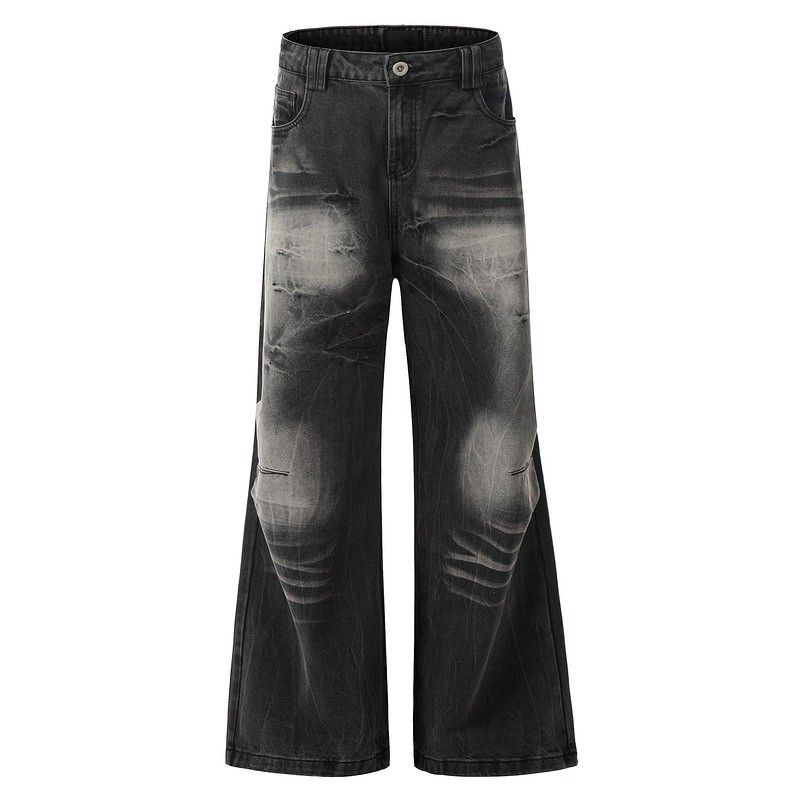 Men's Clothing Retro Distressed Lightning Crack Flared Jeans Color Matching Cleanfit Loose Casual Wide Leg Flared Trousers_mkmklike.com