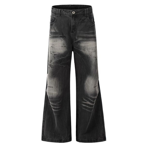 Men's Clothing Retro Distressed Lightning Crack Flared Jeans Color Matching Cleanfit Loose Casual Wide Leg Flared Trousers_mkmklike.com