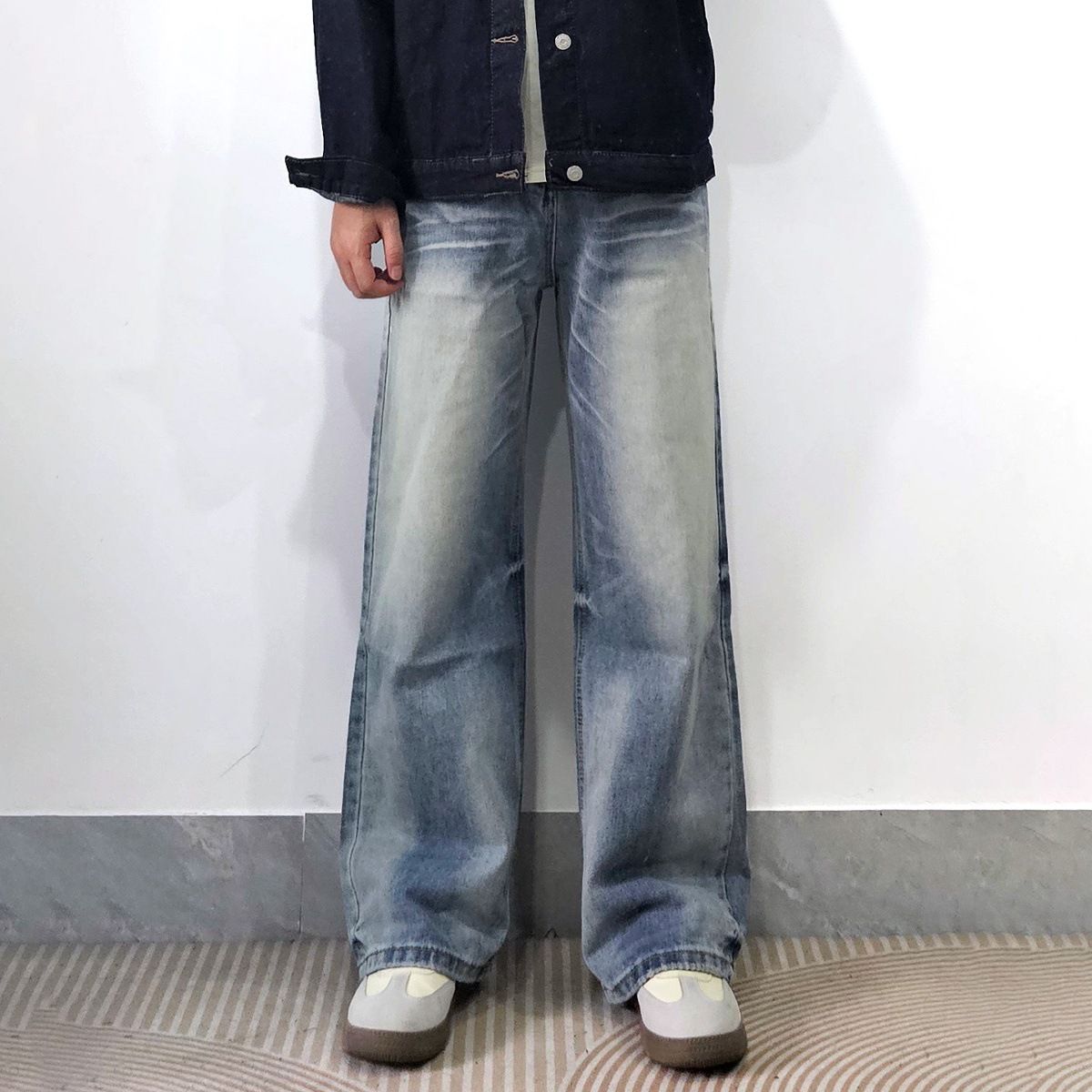 Men's Clothing Retro Washed Distressed Simple Vintage Washed Straight-Leg Jeans For Men - Classic Blue Denim, Relaxed Fit, Button Fly (Sizes S-3XL)_mkmklike.com