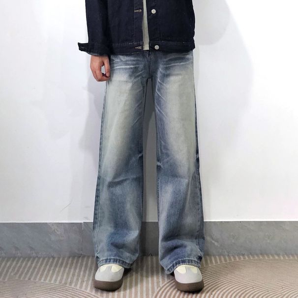 Men's Clothing Retro Washed Distressed Simple Vintage Washed Straight-Leg Jeans For Men - Classic Blue Denim, Relaxed Fit, Button Fly (Sizes S-3XL)_mkmklike.com