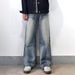 Men's Clothing Retro Washed Distressed Simple Vintage Washed Straight-Leg Jeans For Men - Classic Blue Denim, Relaxed Fit, Button Fly (Sizes S-3XL)_mkmklike.com