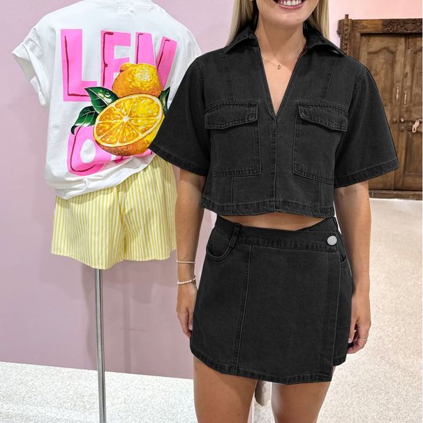 Workwear Denim Suit Skirt Pants For Women With V-neck Short-sleeved Top For Summer; Sexy Girl With High Waist And Irregular Shape_mkmklike.com