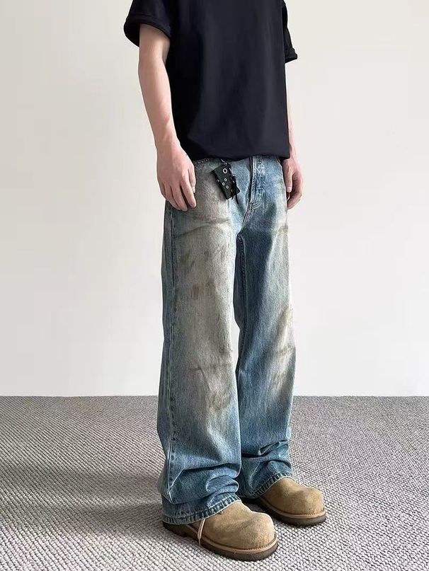 Men's Clothing Dirty Fit Vintage Distressed Jeans – Hand-Painted Tie-Dye Washed Denim With Flared Leg & Grunge Aesthetic (S-XXL, Unisex)_mkmklike.com