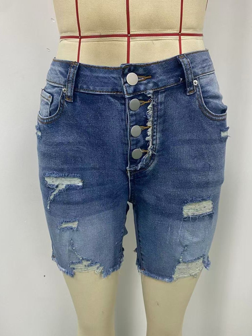 K New Fashionable Women's Perforated Elastic Denim Jeans, Fashionable Denim Shorts_mkmklike.com
