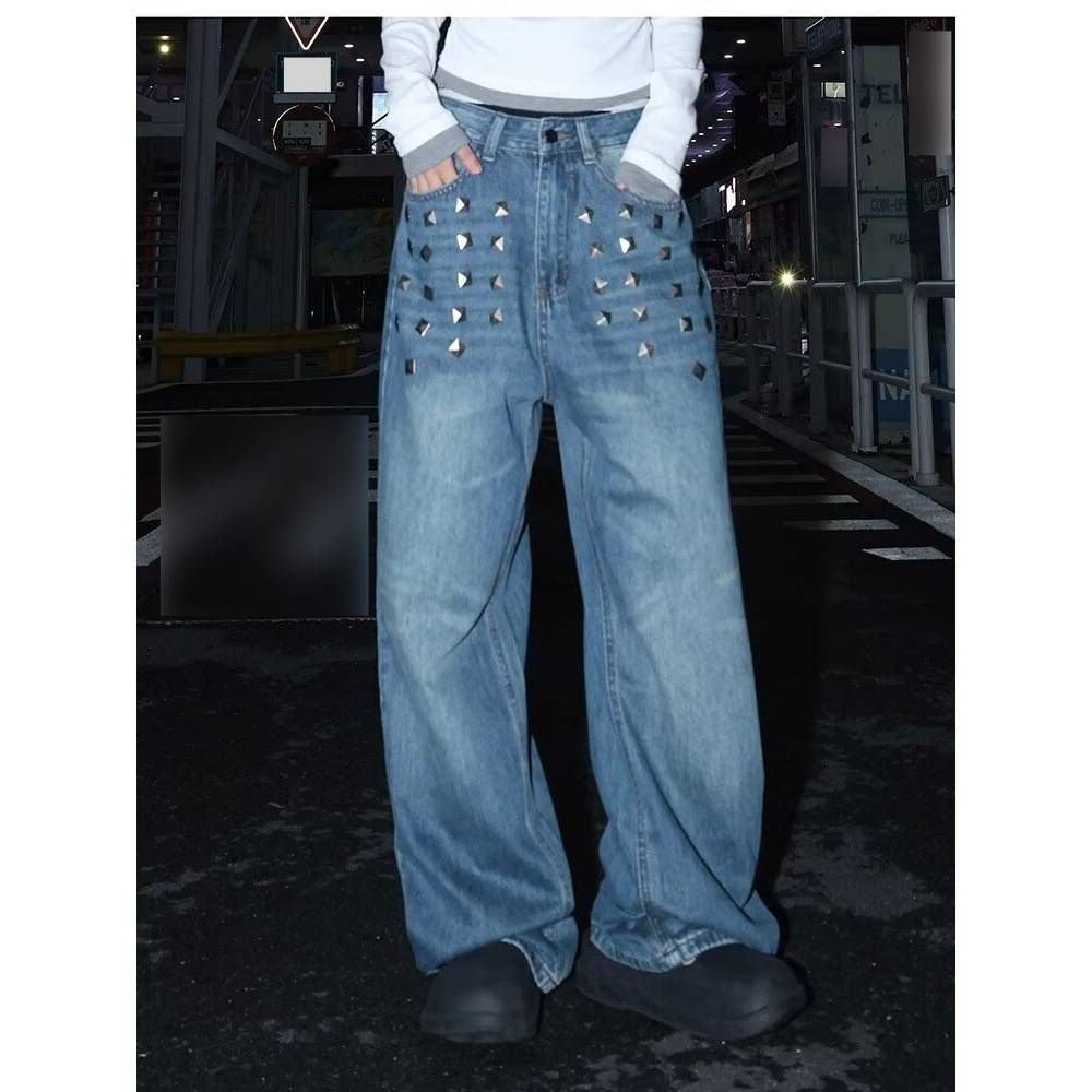 Vintage Studded & Whiskered Wide-Leg Jeans – Unisex Relaxed Fit Retro Denim Pants (S-3XL)_mkmklike.com