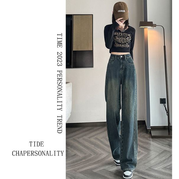 Women's Slim Straight Leg Jeans - High Waist Relaxed Fit Vintage Denim Pants For Autumn, Comfortable & Flowy Wide Leg Trousers In Cement Gray_mkmklike.com