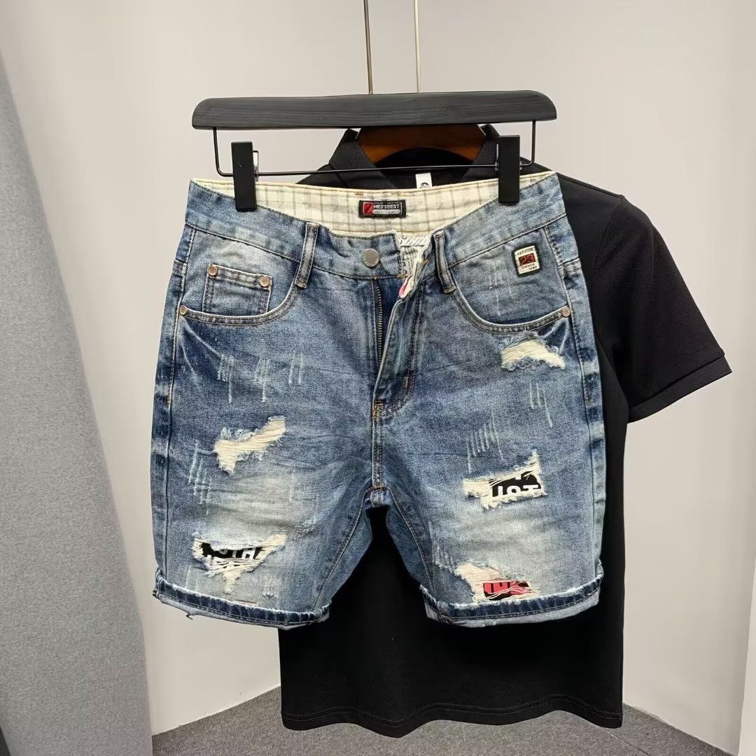Men's Loose Fit Denim Shorts Straight-Leg Lightweight Summer Korean Style Streetwear Hip Hop Casual Mid-Length Jeans_mkmklike.com