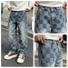 2025 European-Amecian Fashion Men's High Street Cowboy Pants Design Plaid Print Hip Hop Straight Jeans Brand Loose Wide Leg Mopping Denim Pant_mkmklike.com