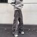 Men's Clothing Men's Cleanfit Distressed Whiskered Wide Leg Pants Retro Style Washed Grey Versatile Casual Denim Jeans_mkmklike.com