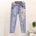 Women's Embroidery Beaded Sequined Three-dimensional Flower T-shirt + Ripped Nine-point Jeans_mkmklike.com