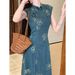 ELLE Indigo Feather National New Chinese Style Butterfly Denim Retro Elegant Modified Cheongsam Dress_mkmklike.com