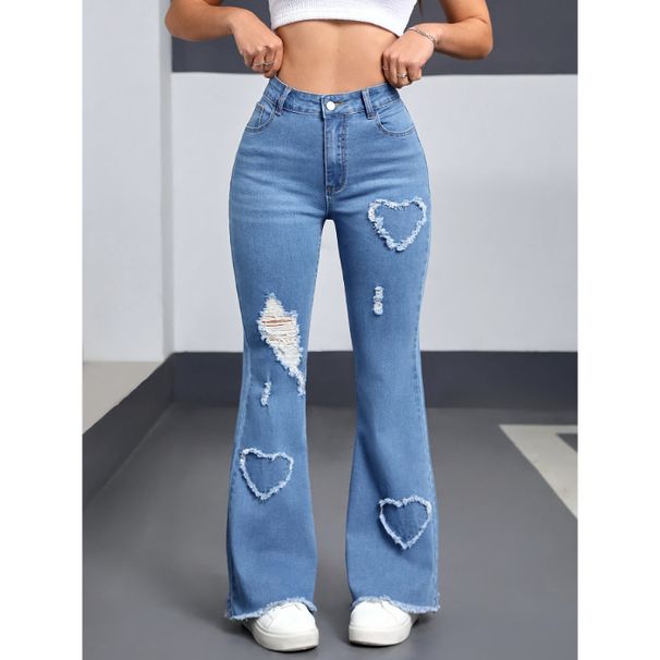 Sexy High-Waisted Flared Jeans For Women – Stretch Denim With Heart Embroidery & Distressed Details (Light Blue/Dark Blue)_mkmklike.com