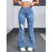 Bell-bottom Jeans Trimmed Fashion Casual Heart-shaped Original Hole Bell-bottom Pants Stretch Women's Clothing Light Blue_mkmklike.com
