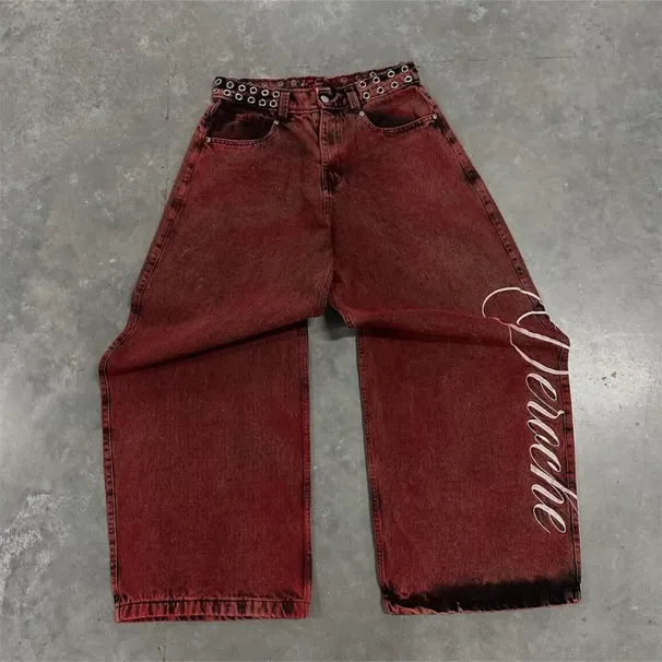 Y2K Baggy Washed Red Vintage Letter Print Rivet Belt Design High Waist Wide Leg Jeans Goth Sense Trousers Streetwear_mkmklike.com